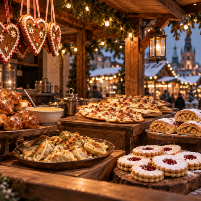 European Christmas market stall with pretzels, pierogi, flammkuchen, Linzer cookies, and apple strudels for Foodie Kids Christmas Market camp.