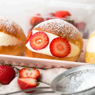 Soft strawberry cream buns filled with whipped cream and fresh strawberries for Foodie Kids Seoul Food cooking camp